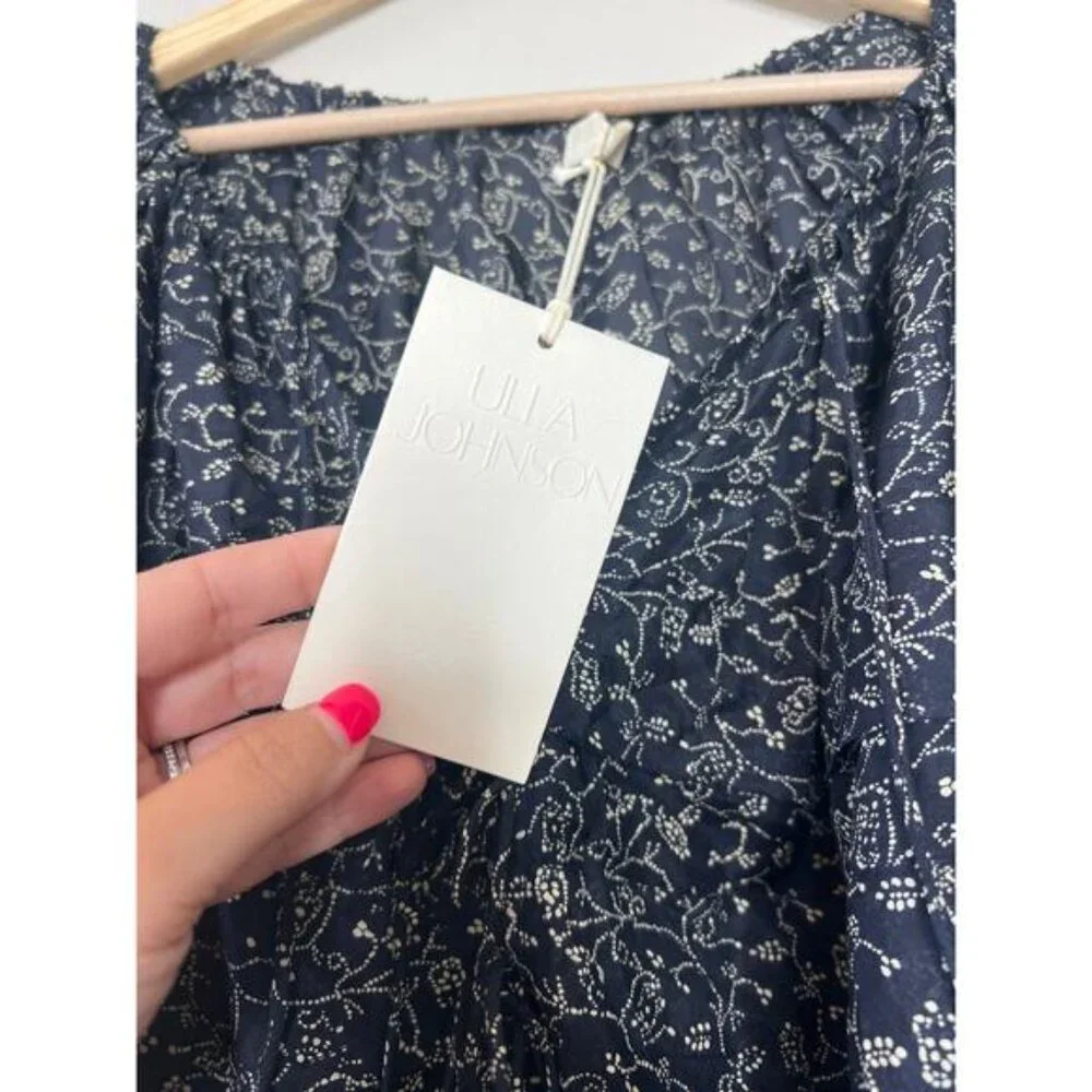 NWT Ulla Johnson Cora Puff-Sleeve Tie Layered Boat Neck Blouse Navy Blue Size: 2